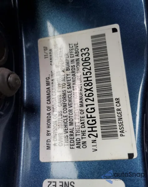 2008 Honda Civic Lx из США, поврежденный, VIN 2HGFG126X8H520633